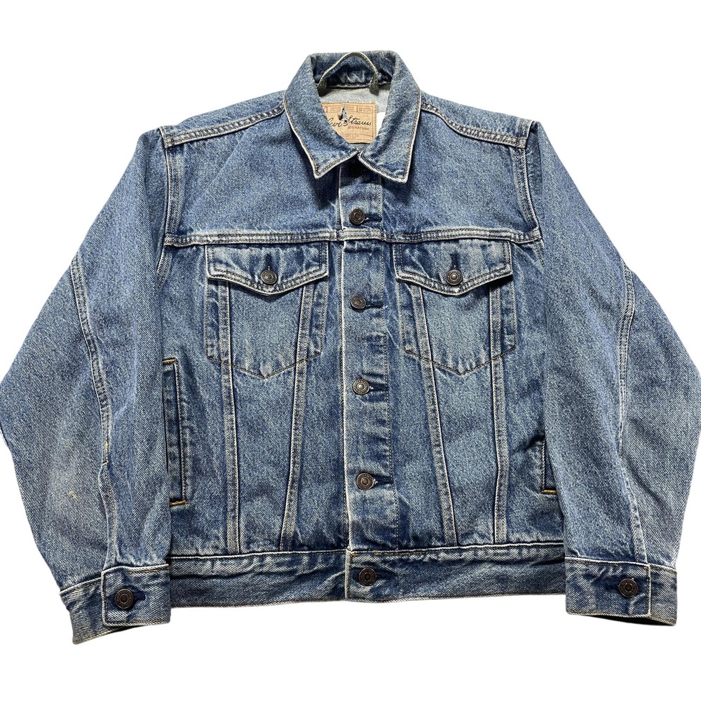 Levi Strauss Signature Jacket Mens M Fit S Blue Denim Jean Trucker Standard Flaw